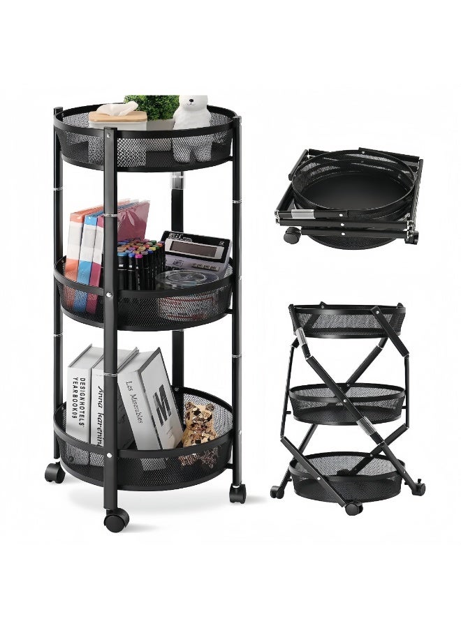 BLOOMING TIME 3 Tier Foldable Utility Rolling Cart with 360° Lockable Wheels,Collapsible Metal Storage Organizer Trolley for Kitchen, Bathroom, Office & Home, No Assembly Needed - Image 1